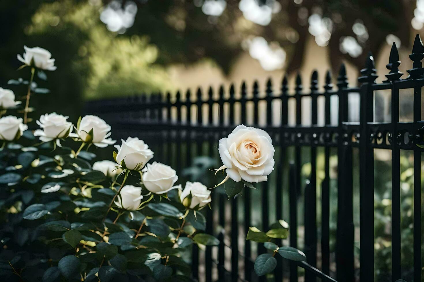 white roses in front of a black fence. AI-Generated photo