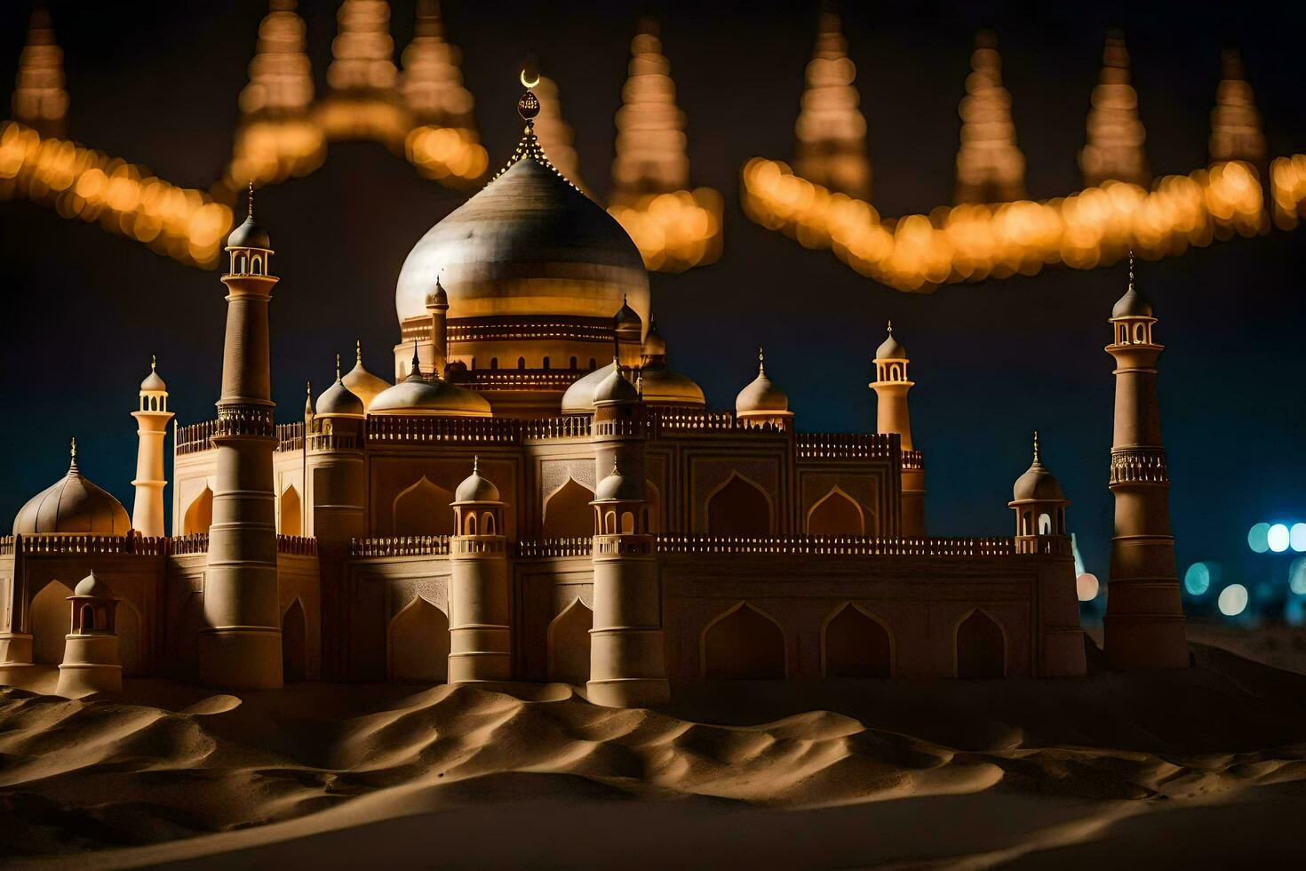 un modelo de un mezquita en el Desierto a noche. generado por ai foto