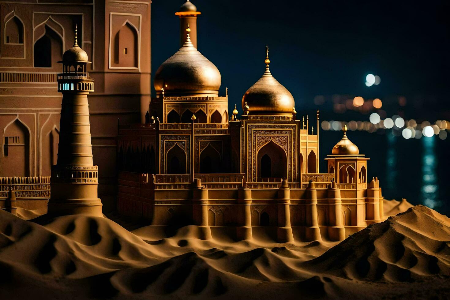 a sand castle is made to look like a mosque. AI-Generated photo