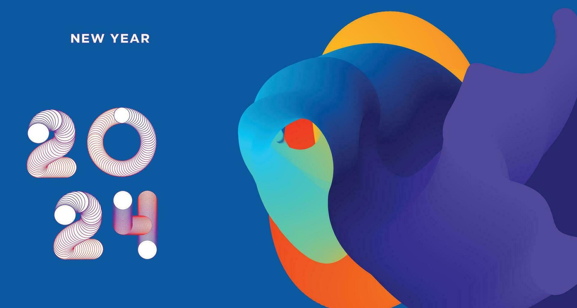 Happy New Year 2024 Colorful Greeting Card Banner for Social Media. Vector Abstract Fluid Background Design