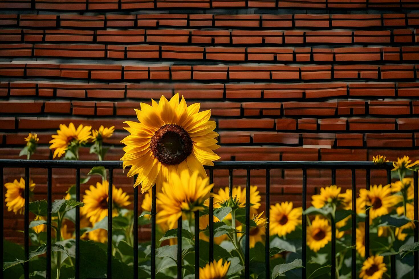 sunflowers in front of a brick wall. AI-Generated photo