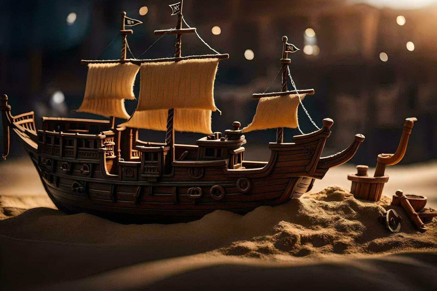 a model of a pirate ship in the sand. AI-Generated photo