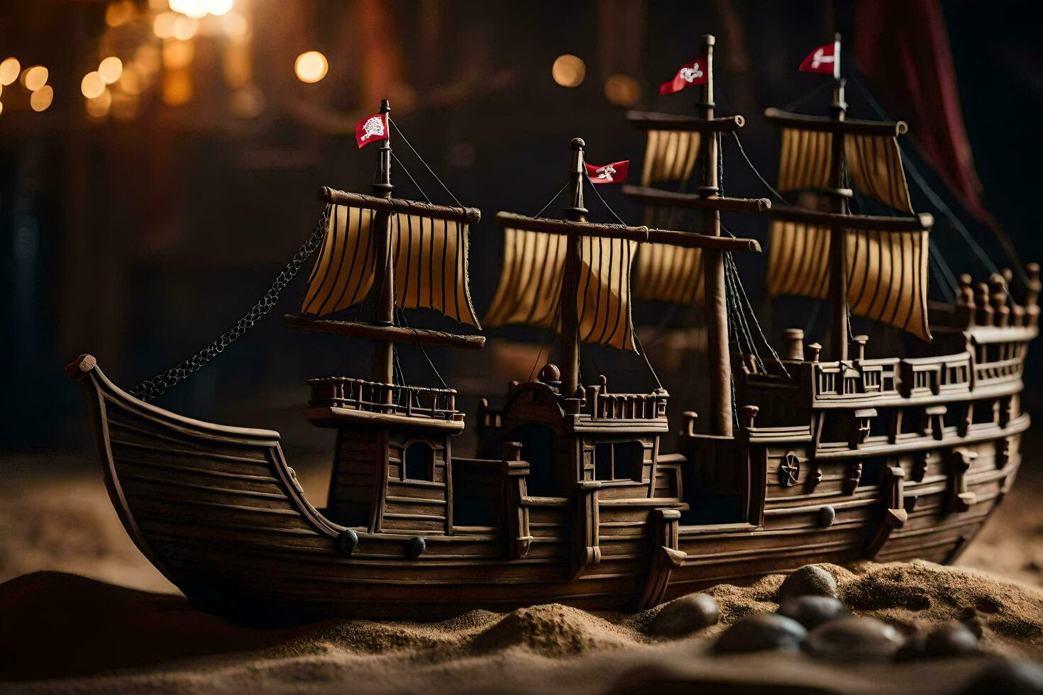 a model of a pirate ship on a beach. AI-Generated photo