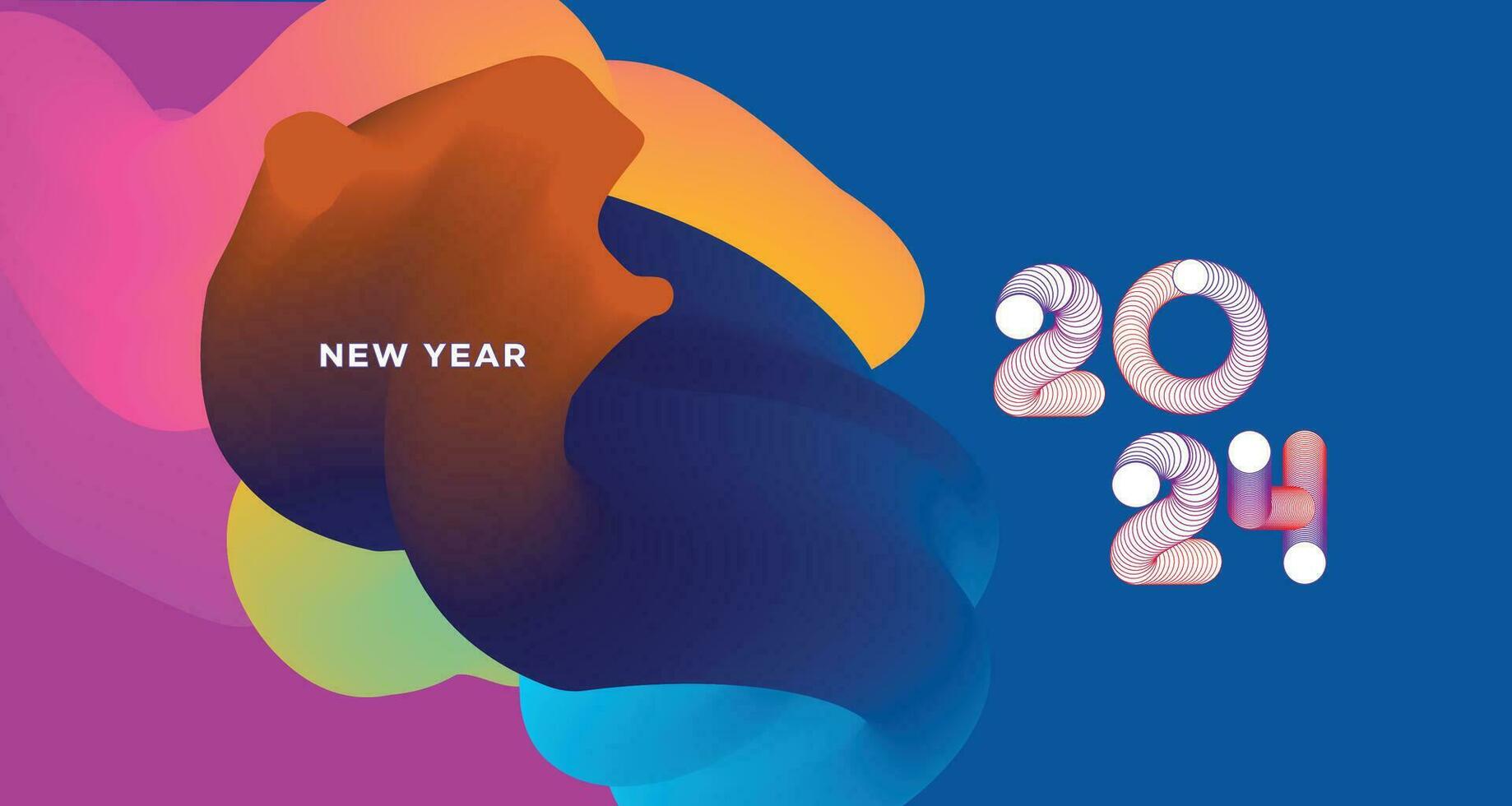 Happy New Year 2024 Colorful Greeting Card Banner for Social Media. Vector Abstract Fluid Background Design