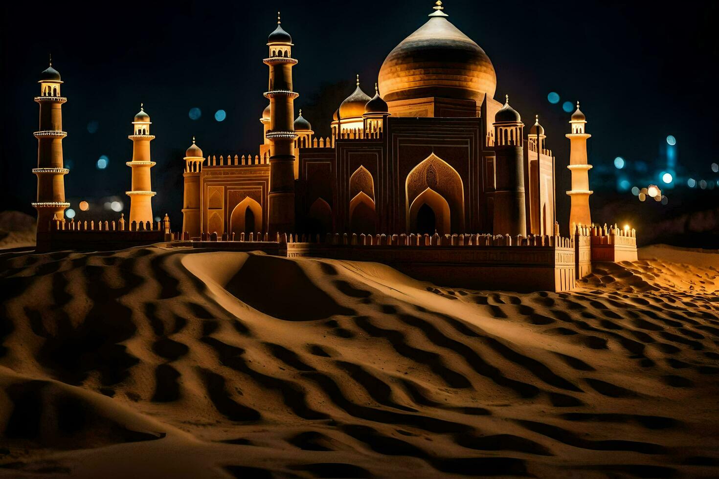 a mosque in the desert at night. AI-Generated photo