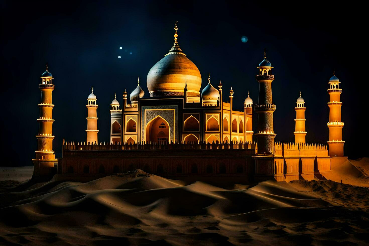 the taj mahal is lit up at night. AI-Generated photo