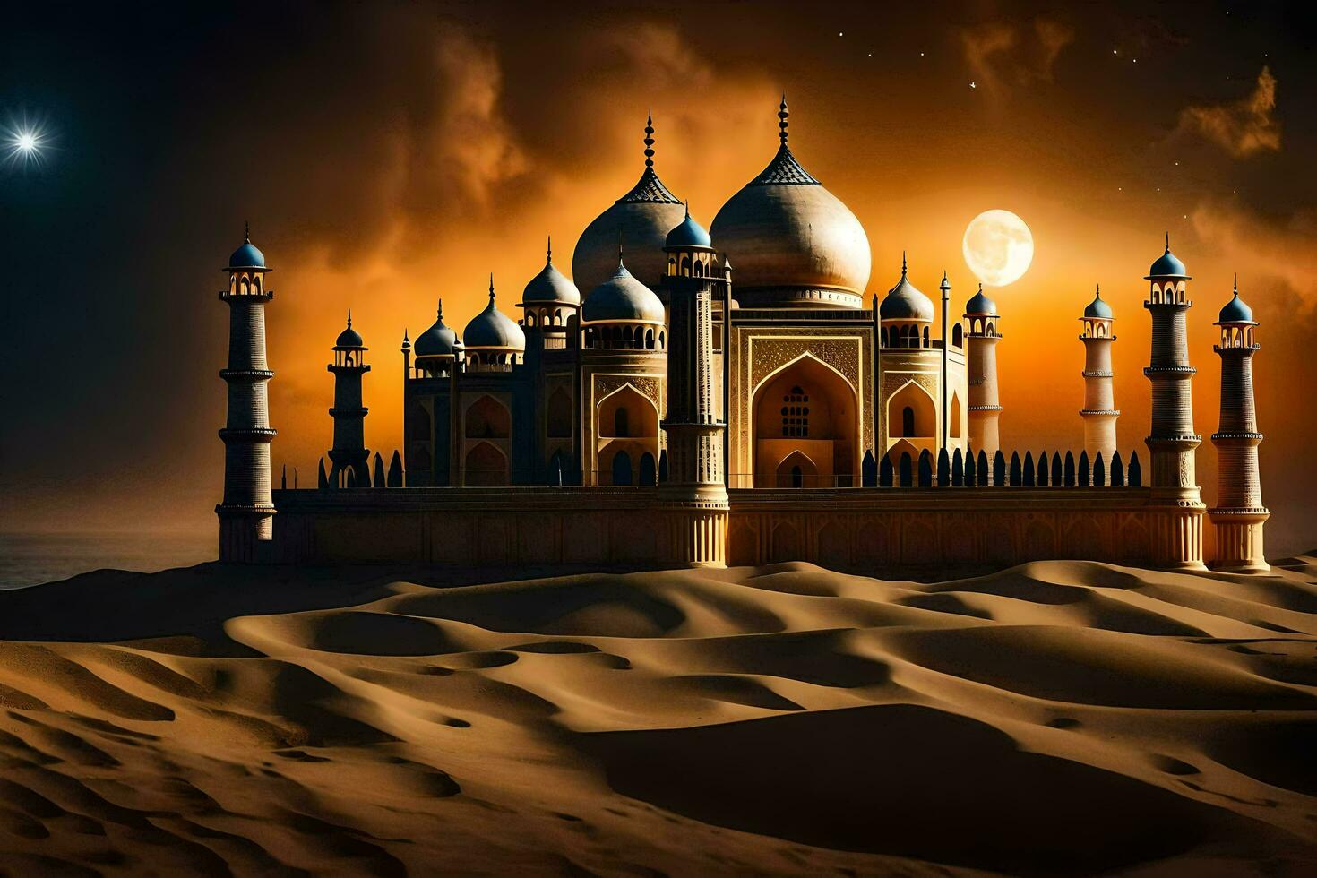 the taj mahal in the desert at night. AI-Generated photo