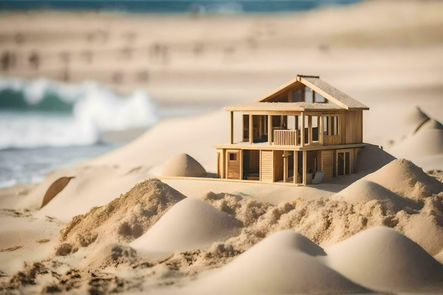 un miniatura casa en el playa con arena dunas. generado por ai foto