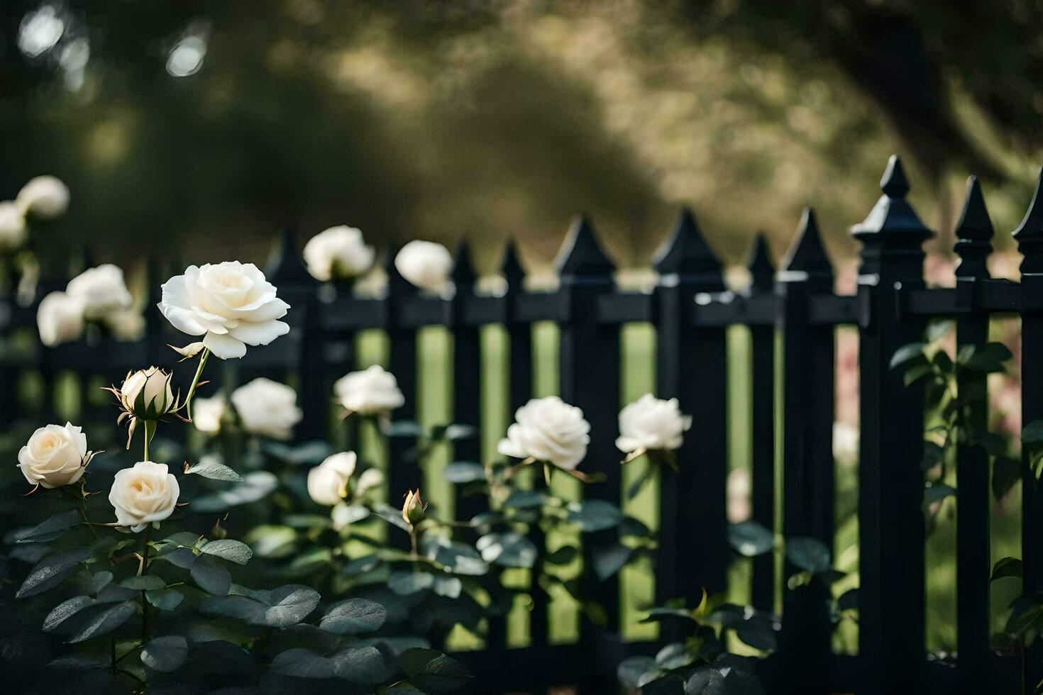 white roses are growing in a black fence. AI-Generated photo