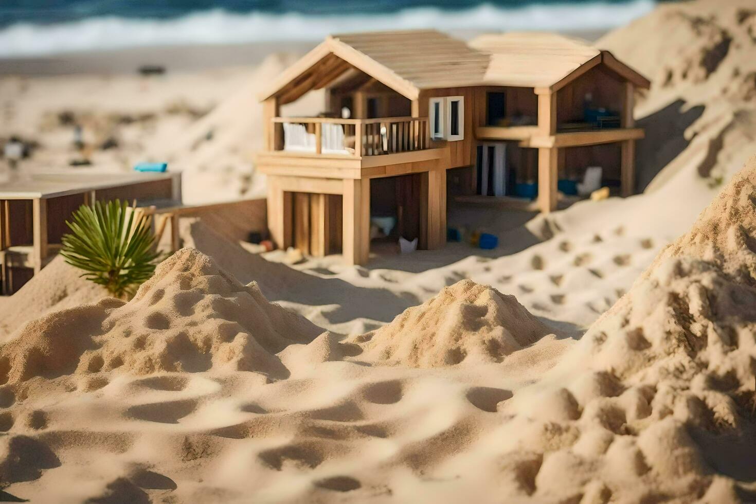 a miniature wooden house on the beach with sand. AI-Generated photo