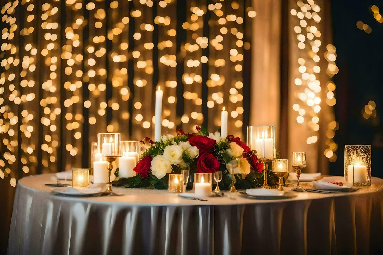 a table set for dinner with candles and lights. AI-Generated photo