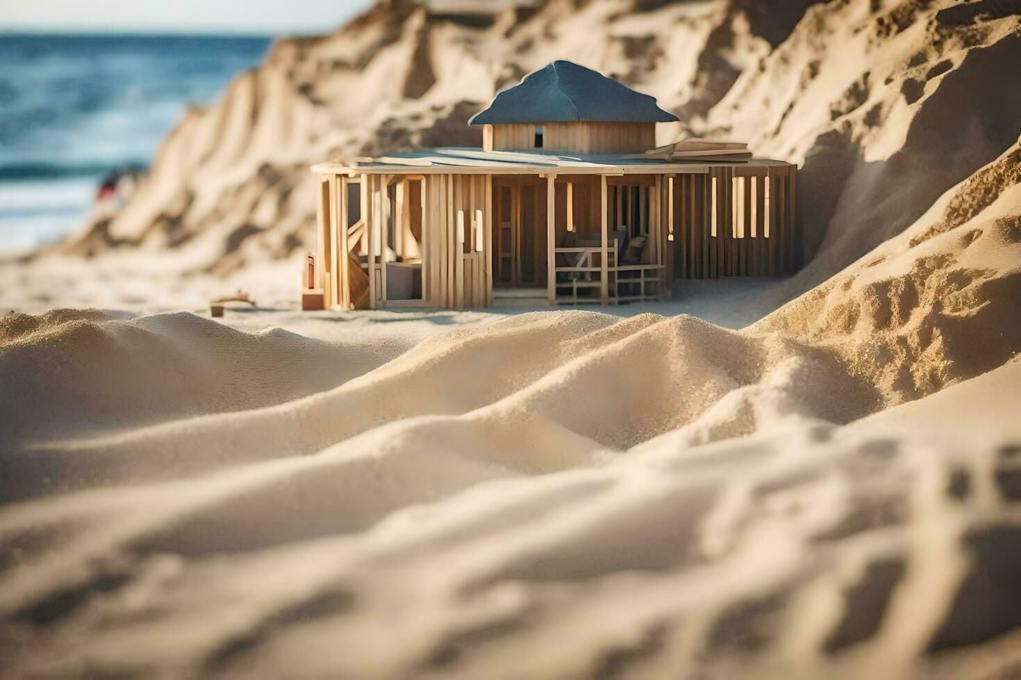 a wooden house sits on top of sand dunes. AI-Generated photo