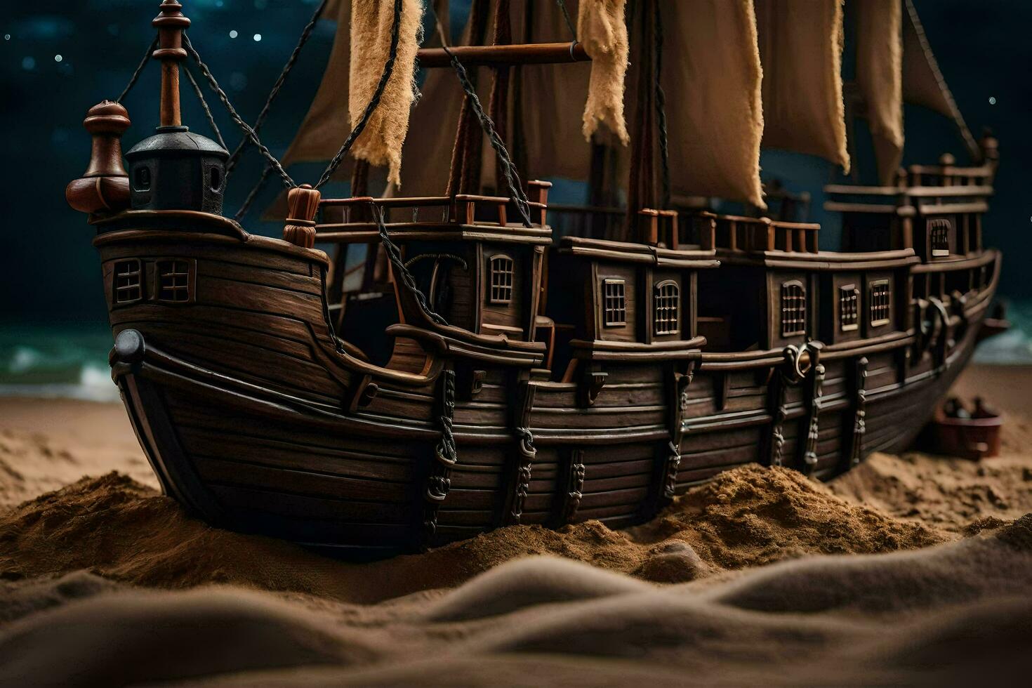 a model of a pirate ship on the beach. AI-Generated photo