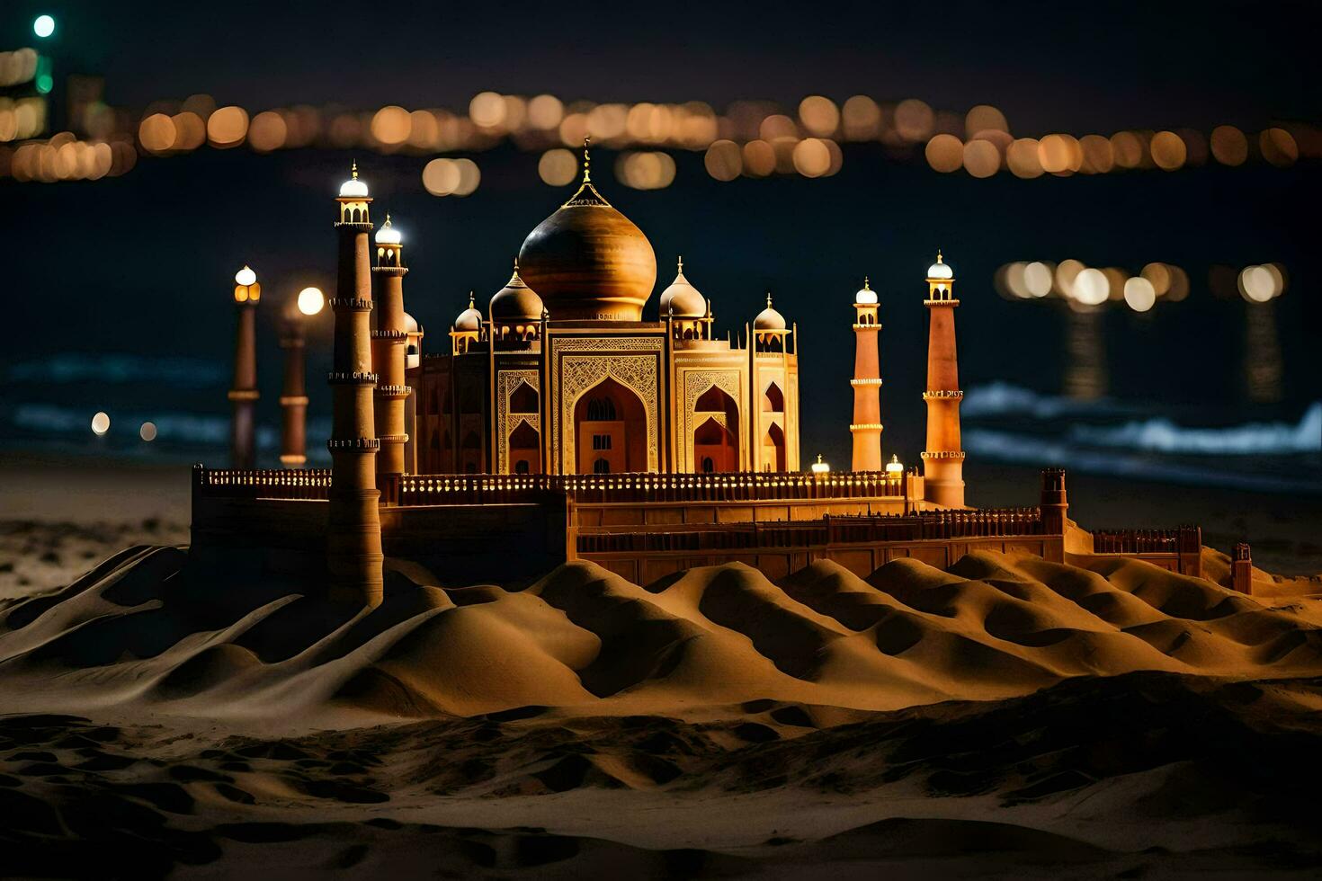 un taj mahal en el Desierto a noche. generado por ai foto