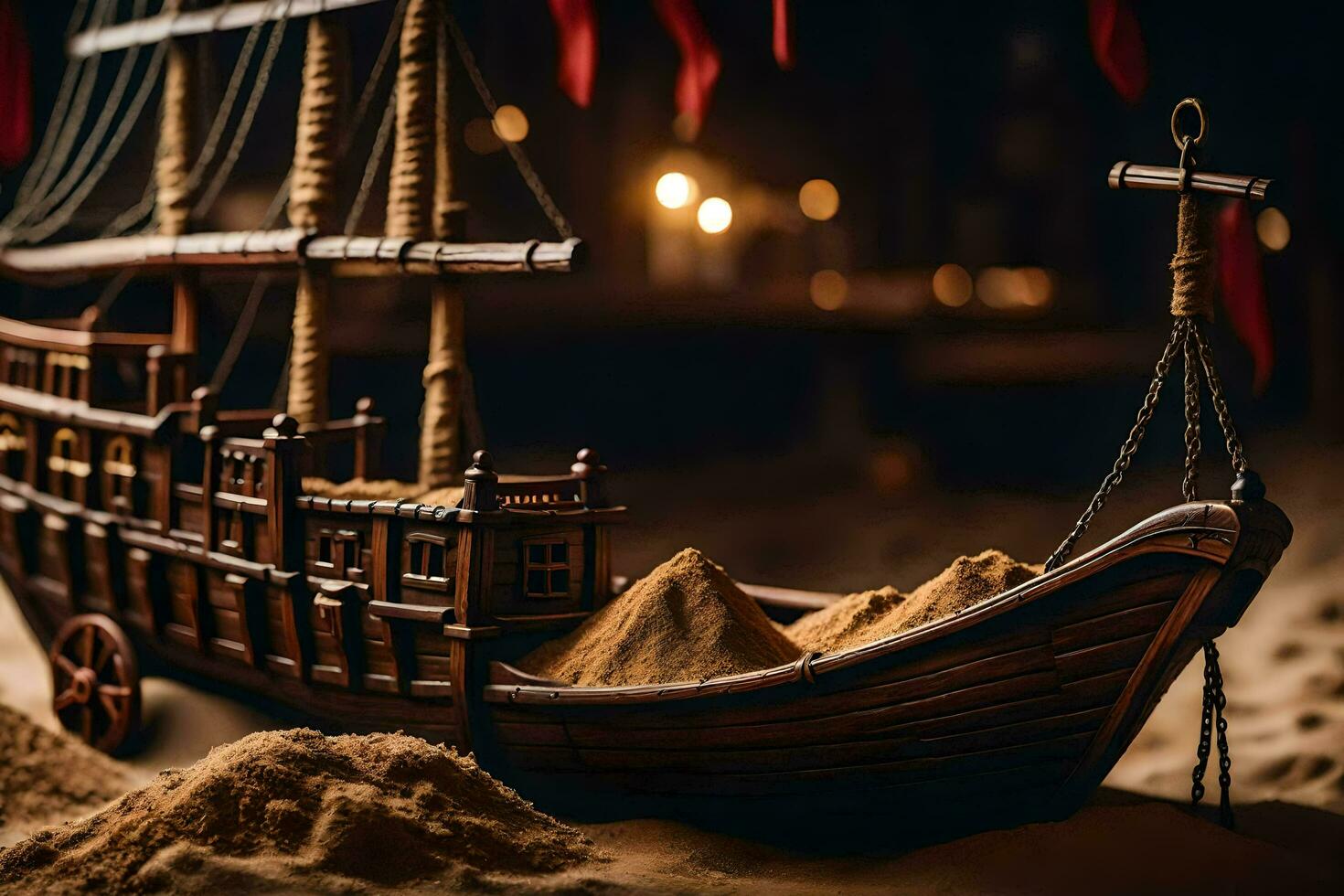 a model of a ship in the sand. AI-Generated photo