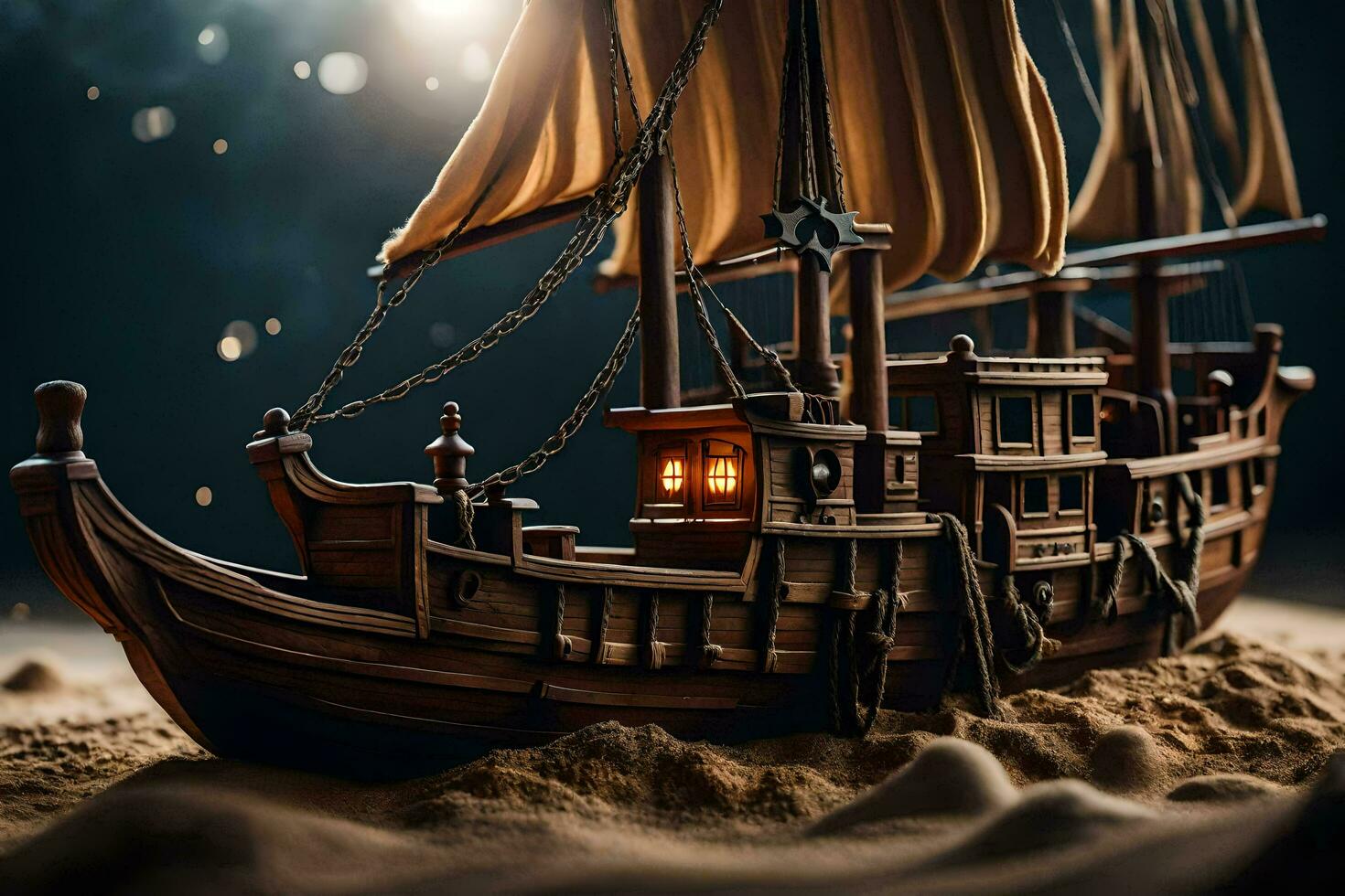 a model of a ship in the sand. AI-Generated photo