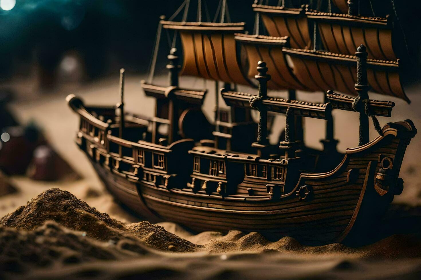 a model of a pirate ship in the sand. AI-Generated photo