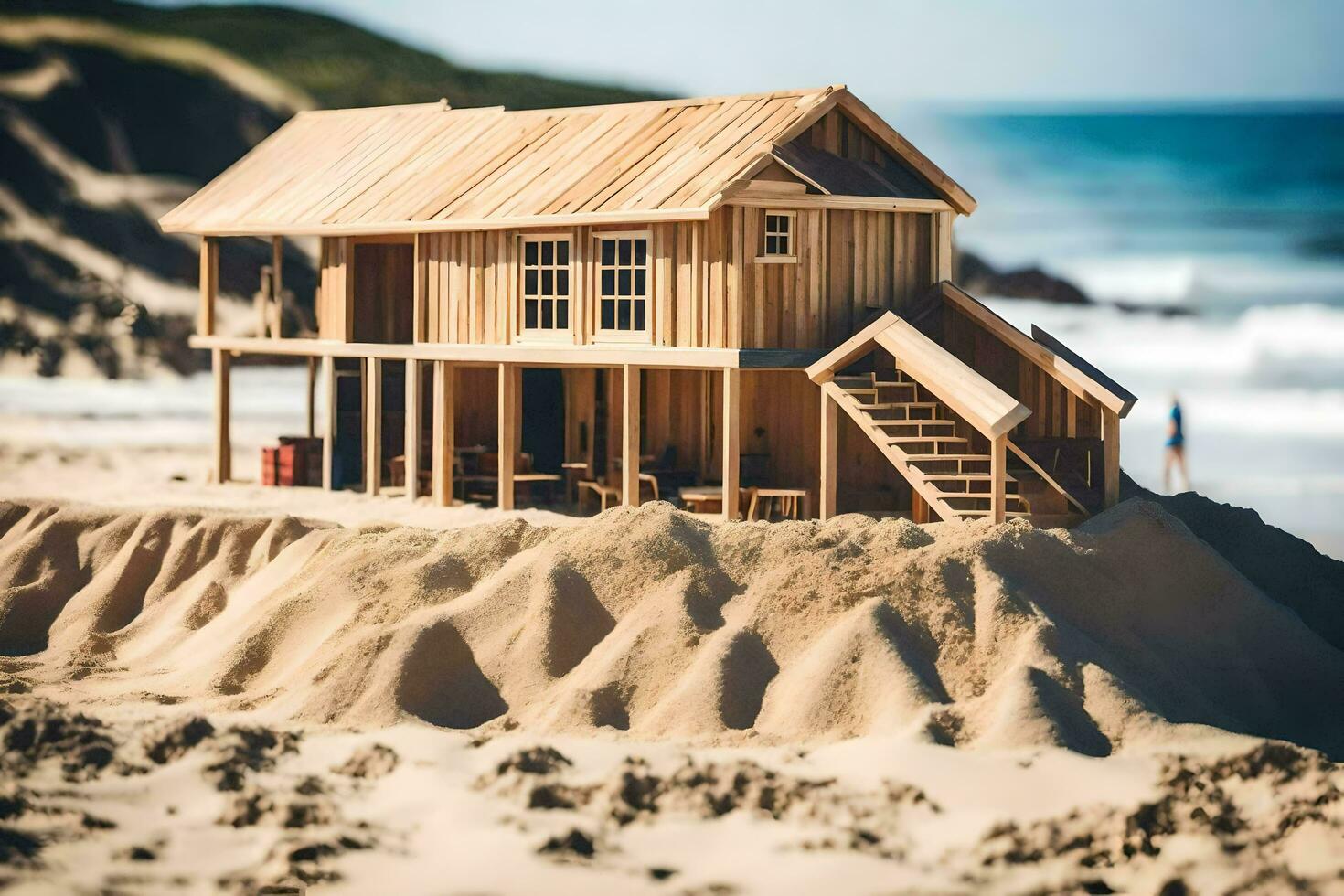 a wooden house on the beach with sand. AI-Generated photo