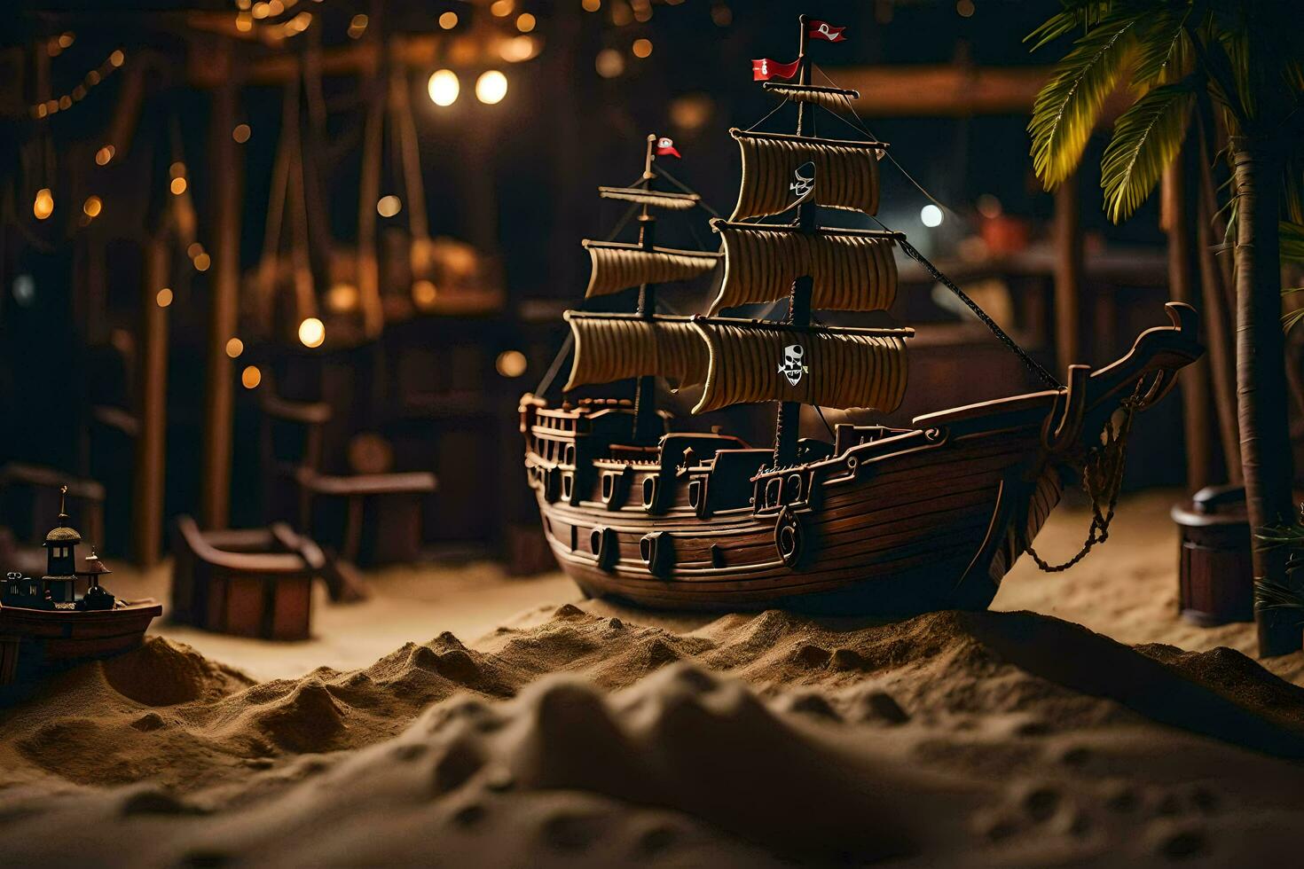 a pirate ship is in the sand. AI-Generated photo