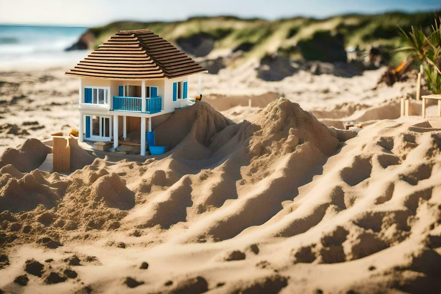 a miniature house on the beach with sand. AI-Generated photo