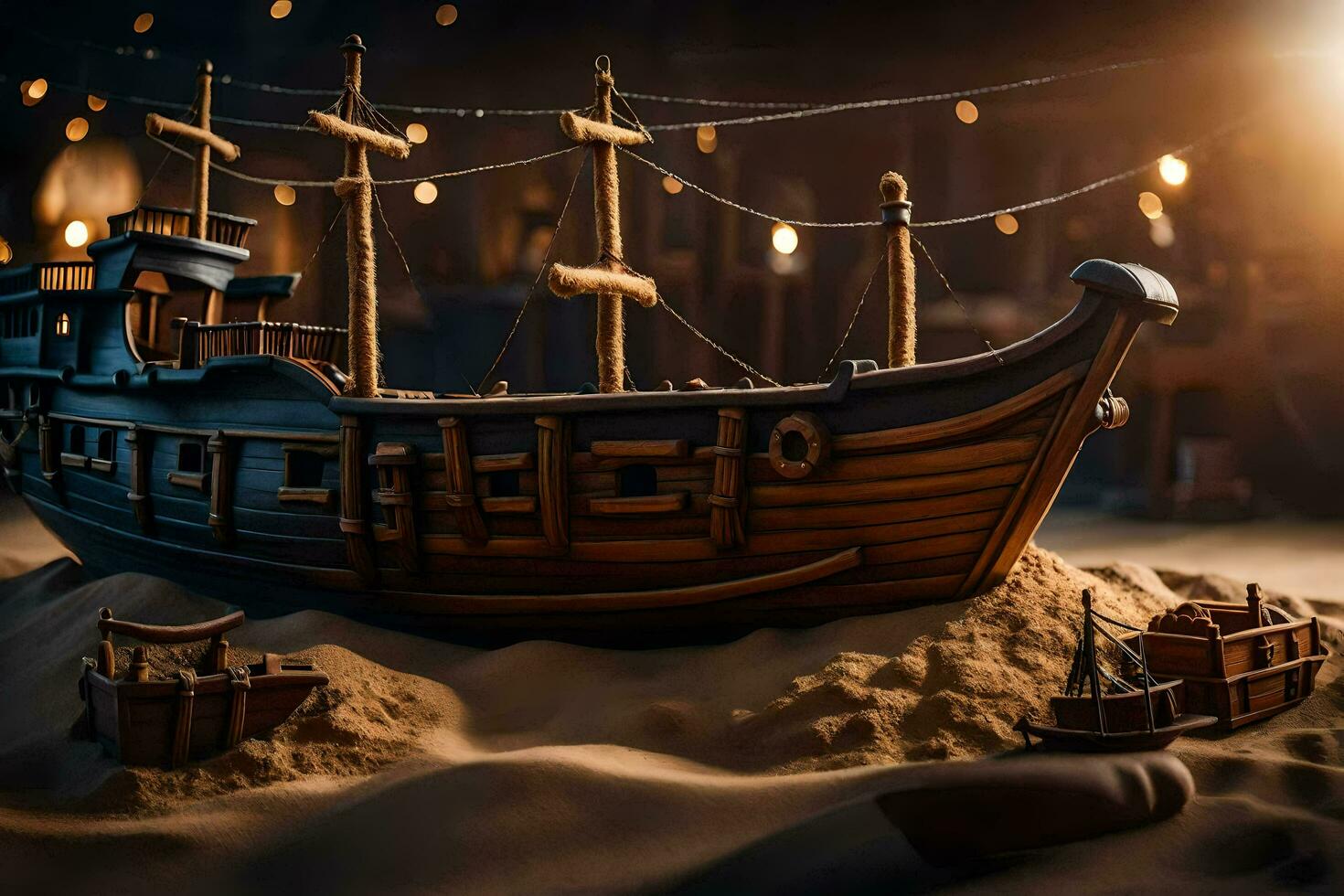 a model of a pirate ship in the sand. AI-Generated photo