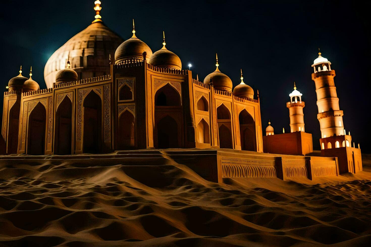 the taj mahal is lit up at night. AI-Generated photo