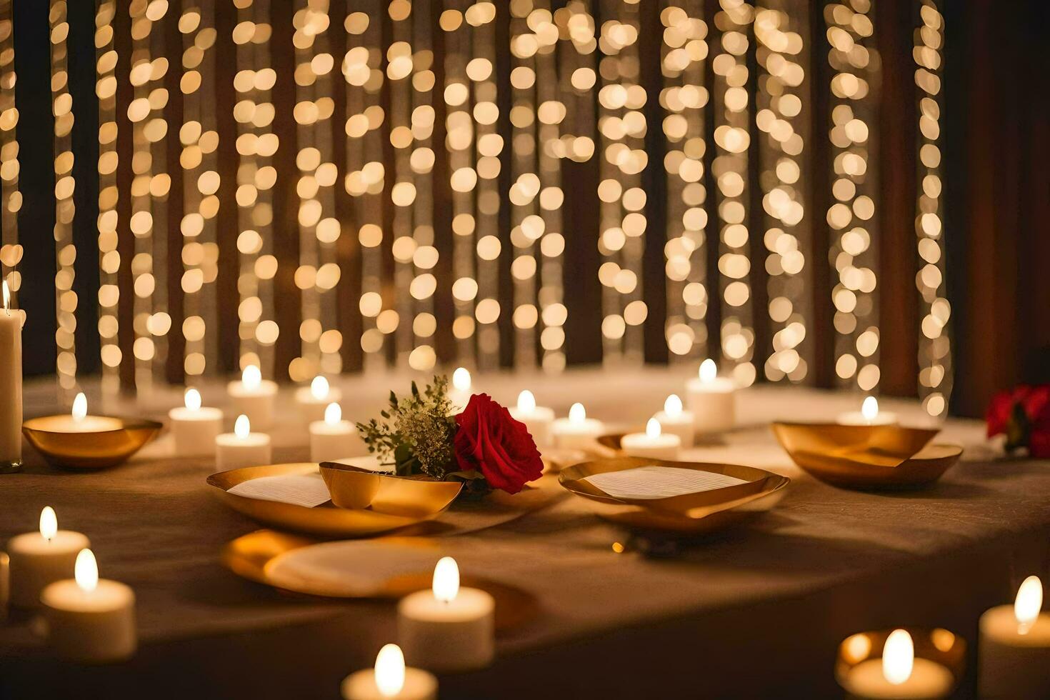 candles and a rose are on a table with a backdrop of lights. AI-Generated photo