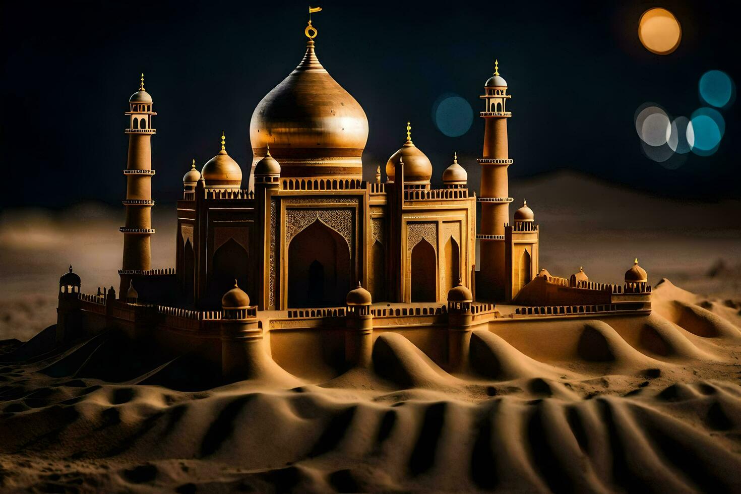 a sand castle in the desert with lights. AI-Generated photo