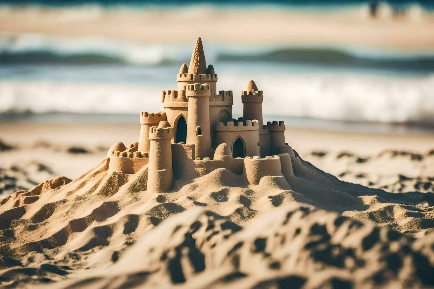 a sand castle on the beach. AI-Generated photo