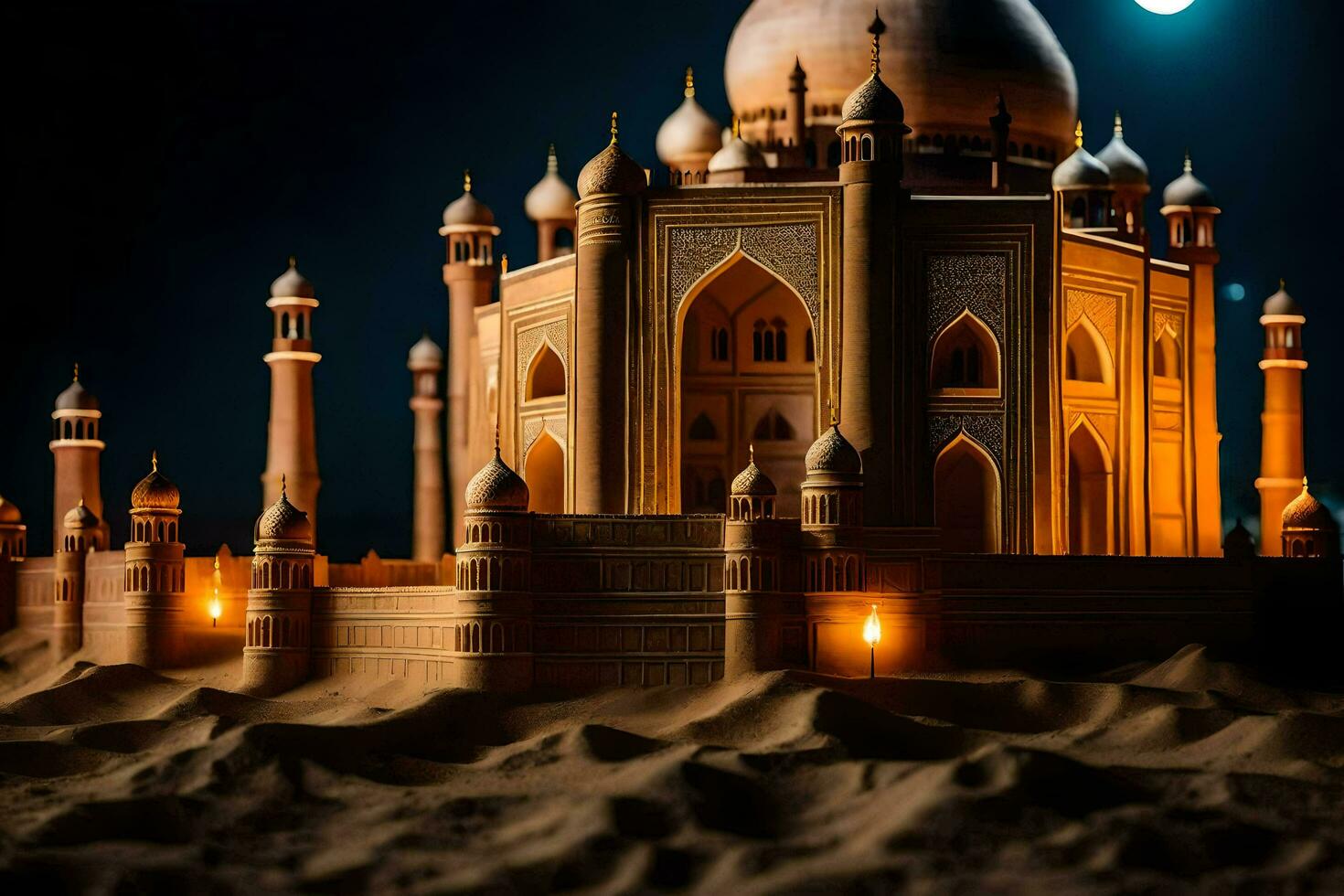 the taj mahal is lit up at night. AI-Generated photo