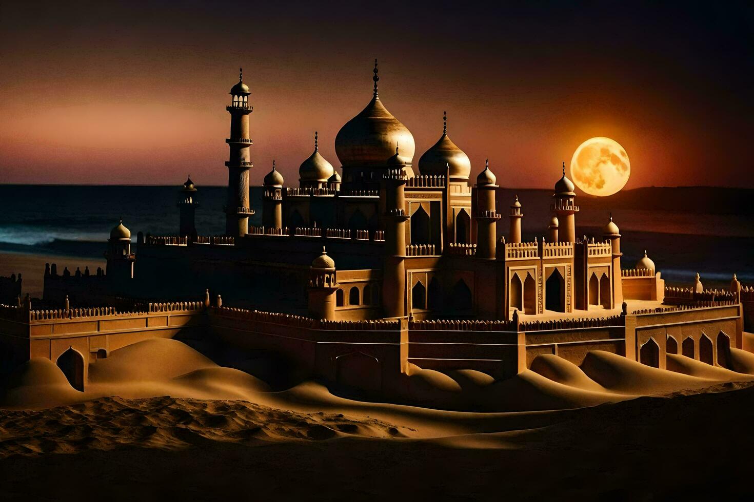 the moon rises over a sand castle. AI-Generated photo