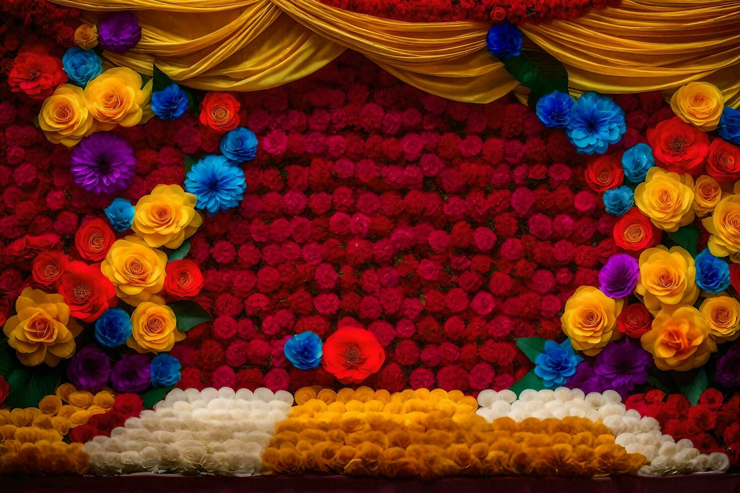a colorful stage with flowers and a curtain. AI-Generated photo