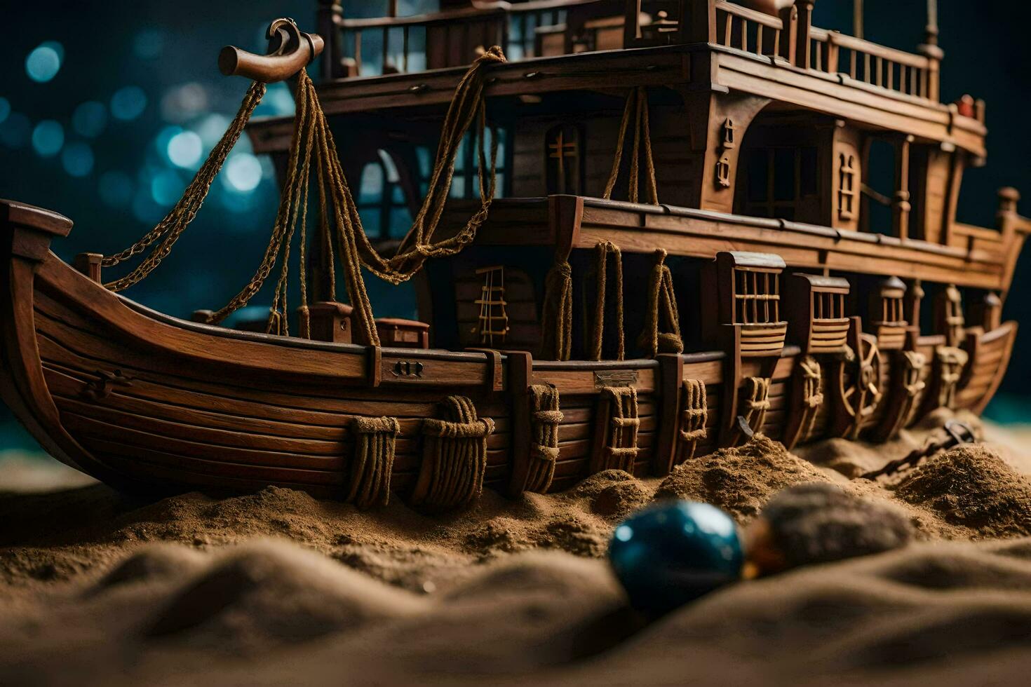 a model of a ship on the sand. AI-Generated photo