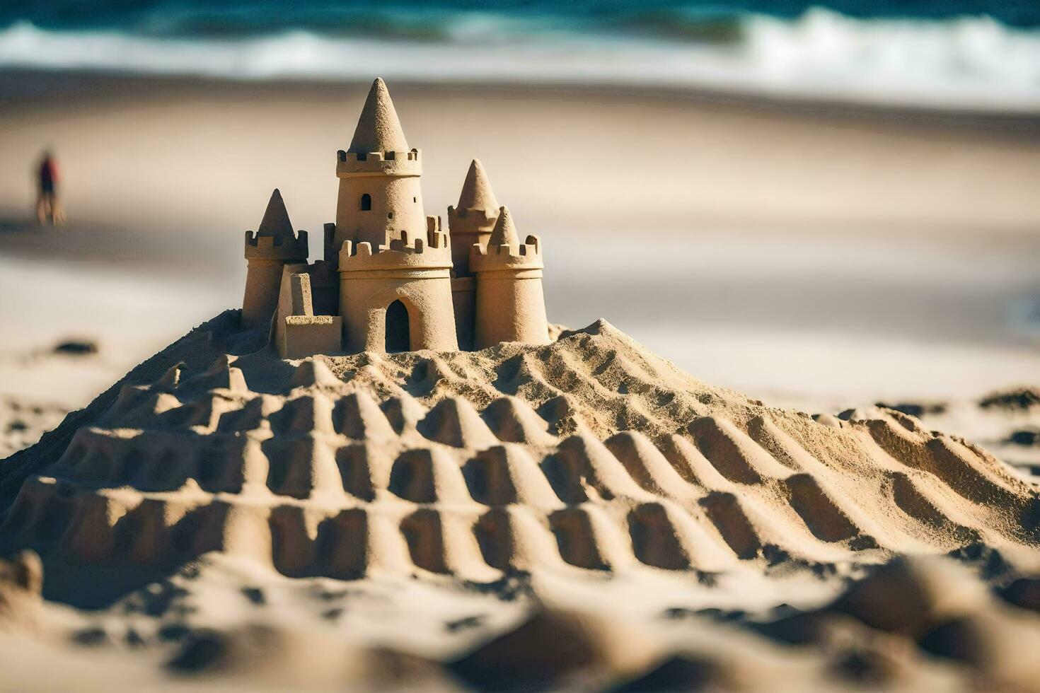 arena castillo en el playa. generado por ai foto