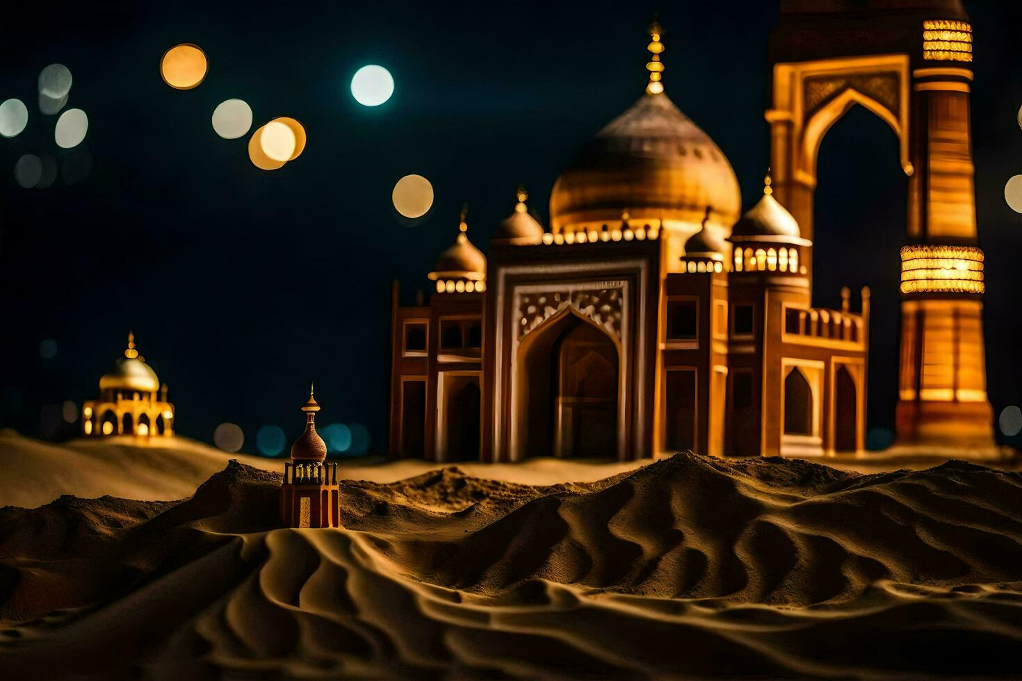 a mosque in the desert with lights on. AI-Generated photo