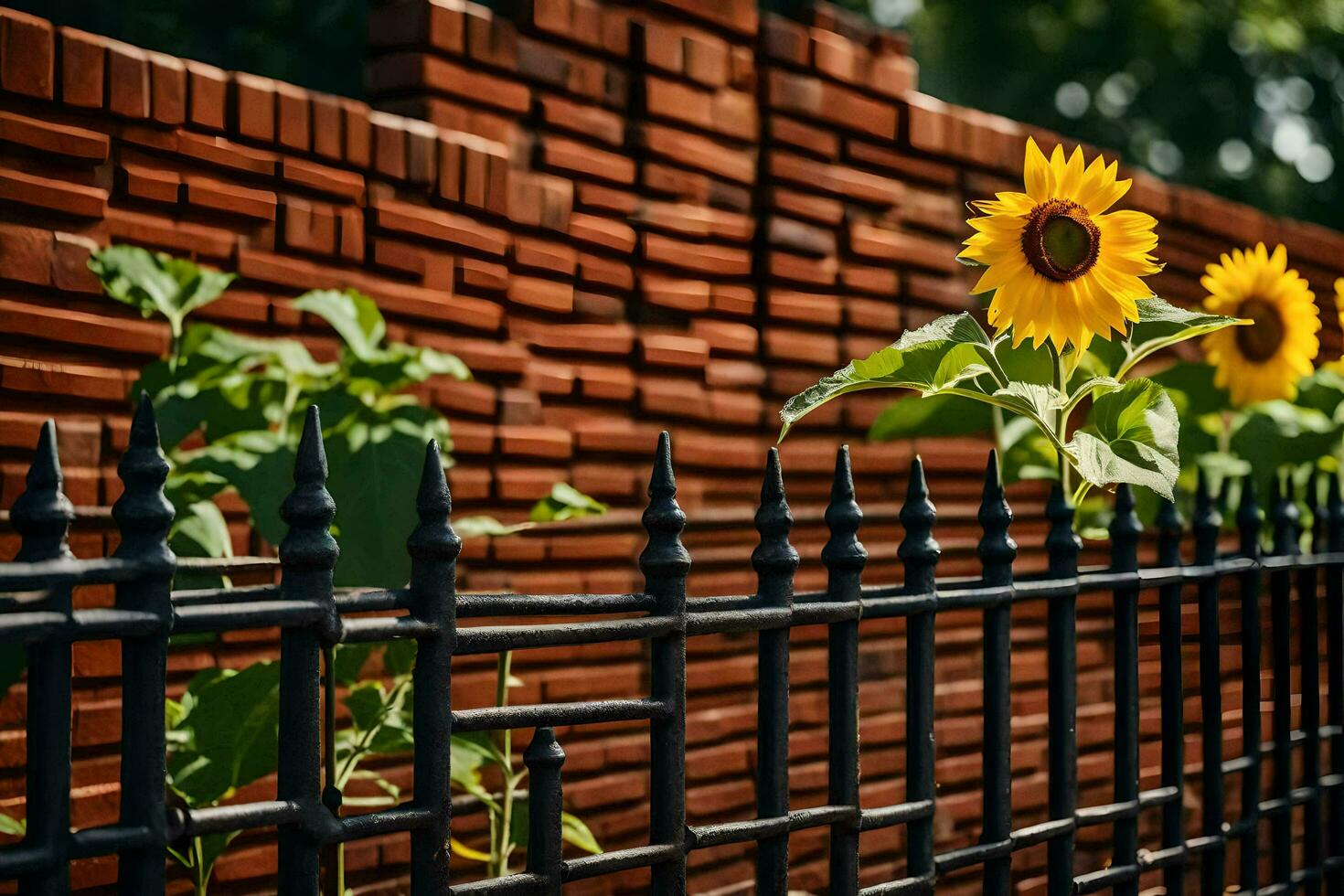 a sunflower is growing on a fence next to a brick wall. AI-Generated photo