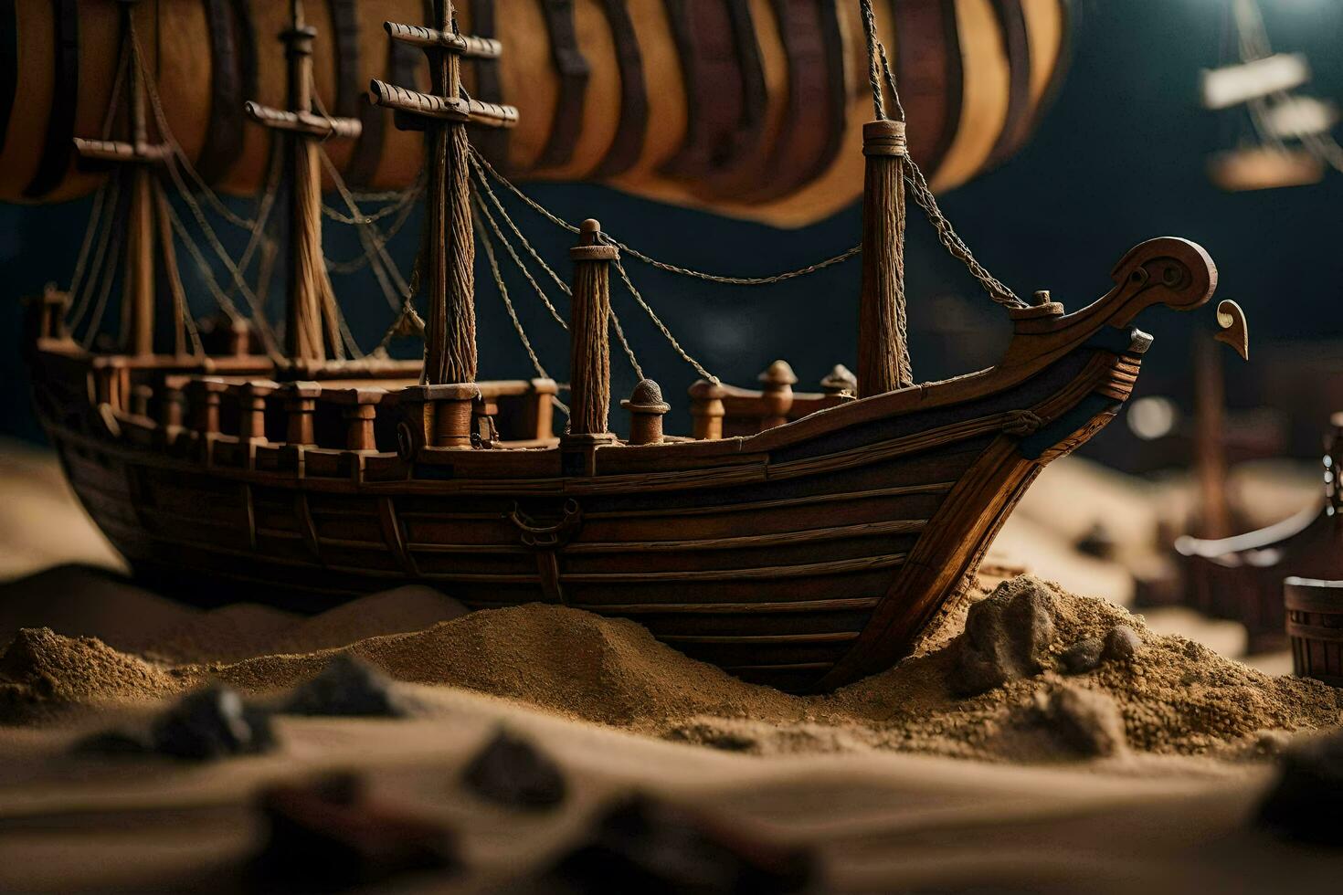 a model of a ship in the sand. AI-Generated photo
