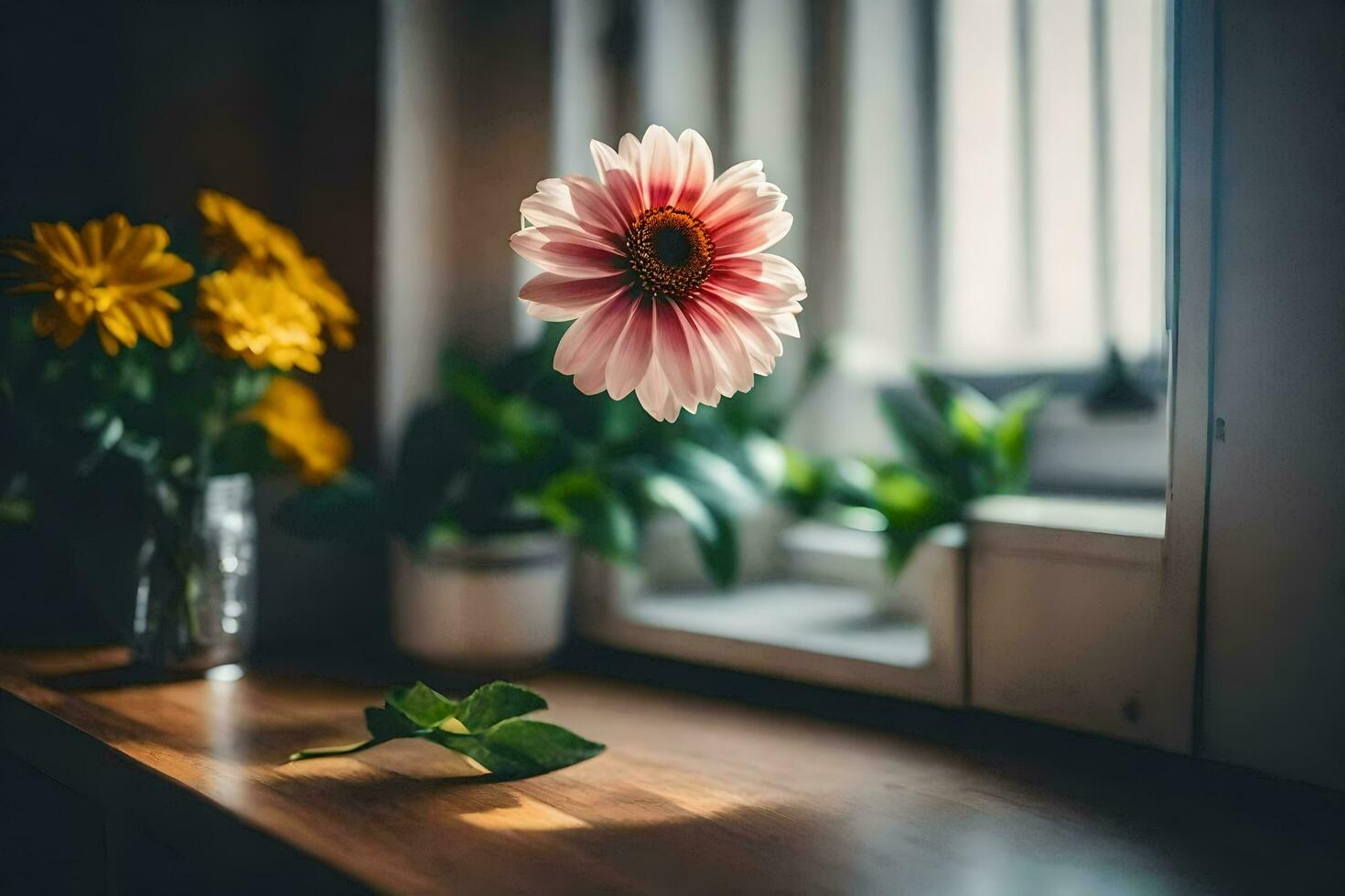 a flower is sitting on a table near a window. AI-Generated photo