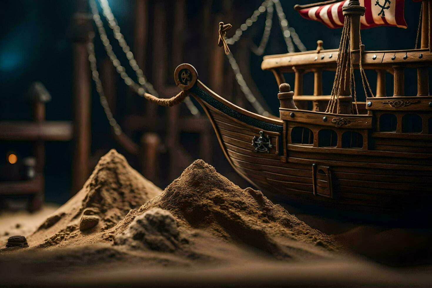 a model of a pirate ship in the sand. AI-Generated photo