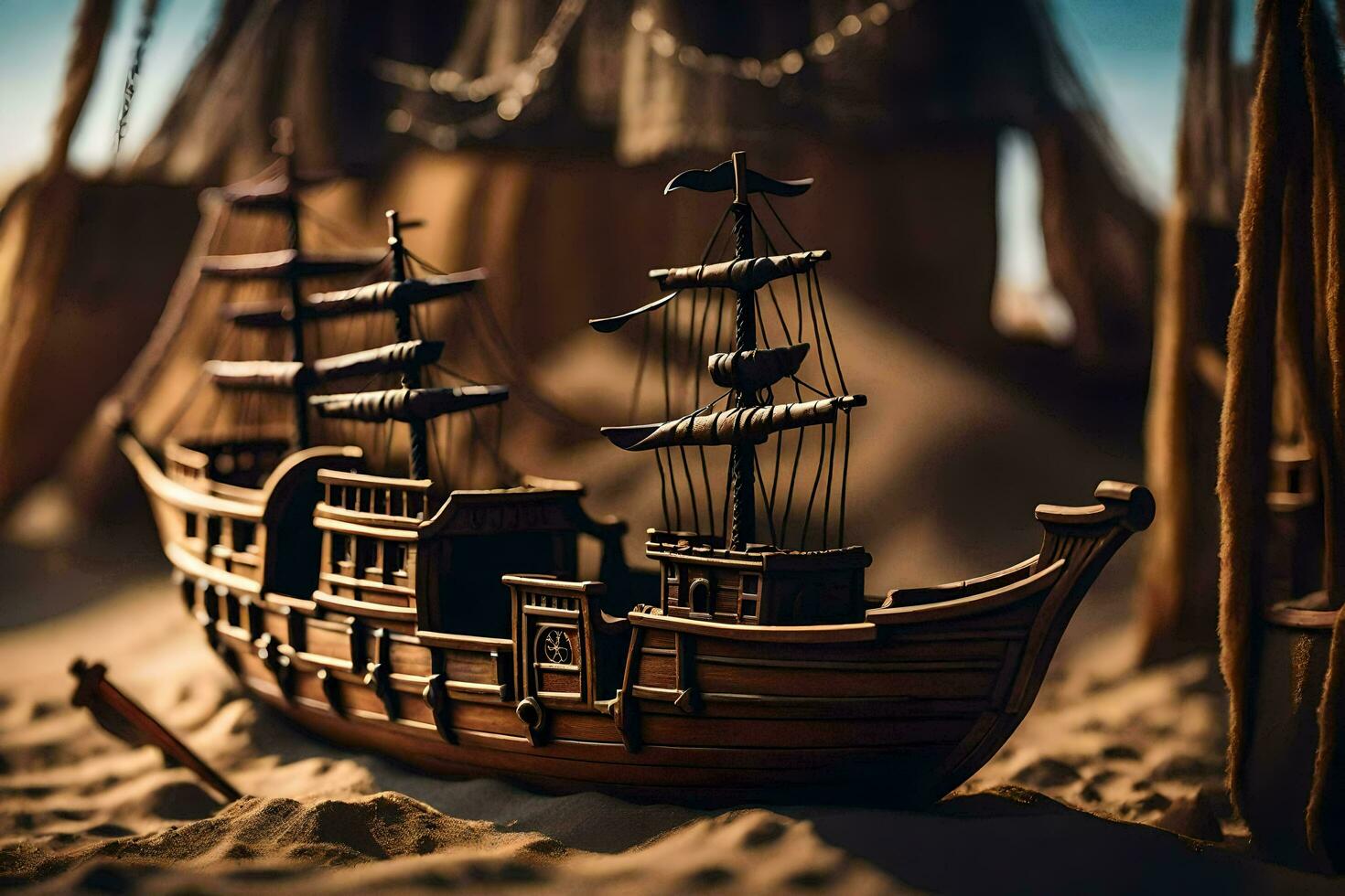 a model of a pirate ship in the sand. AI-Generated photo