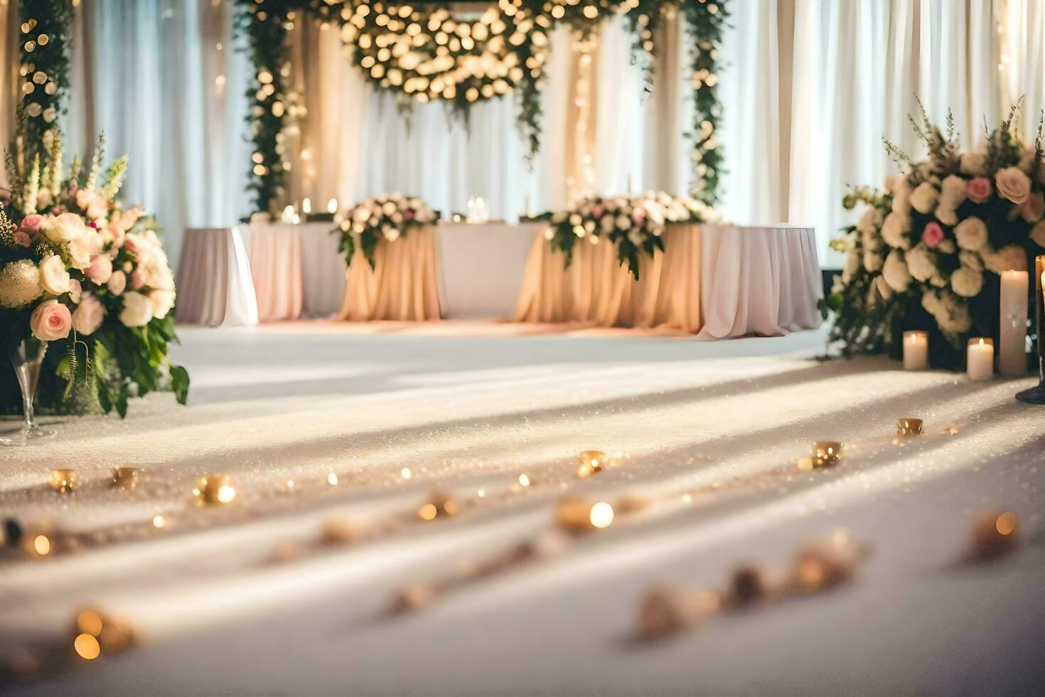 a wedding ceremony is set up in a room. AI-Generated photo