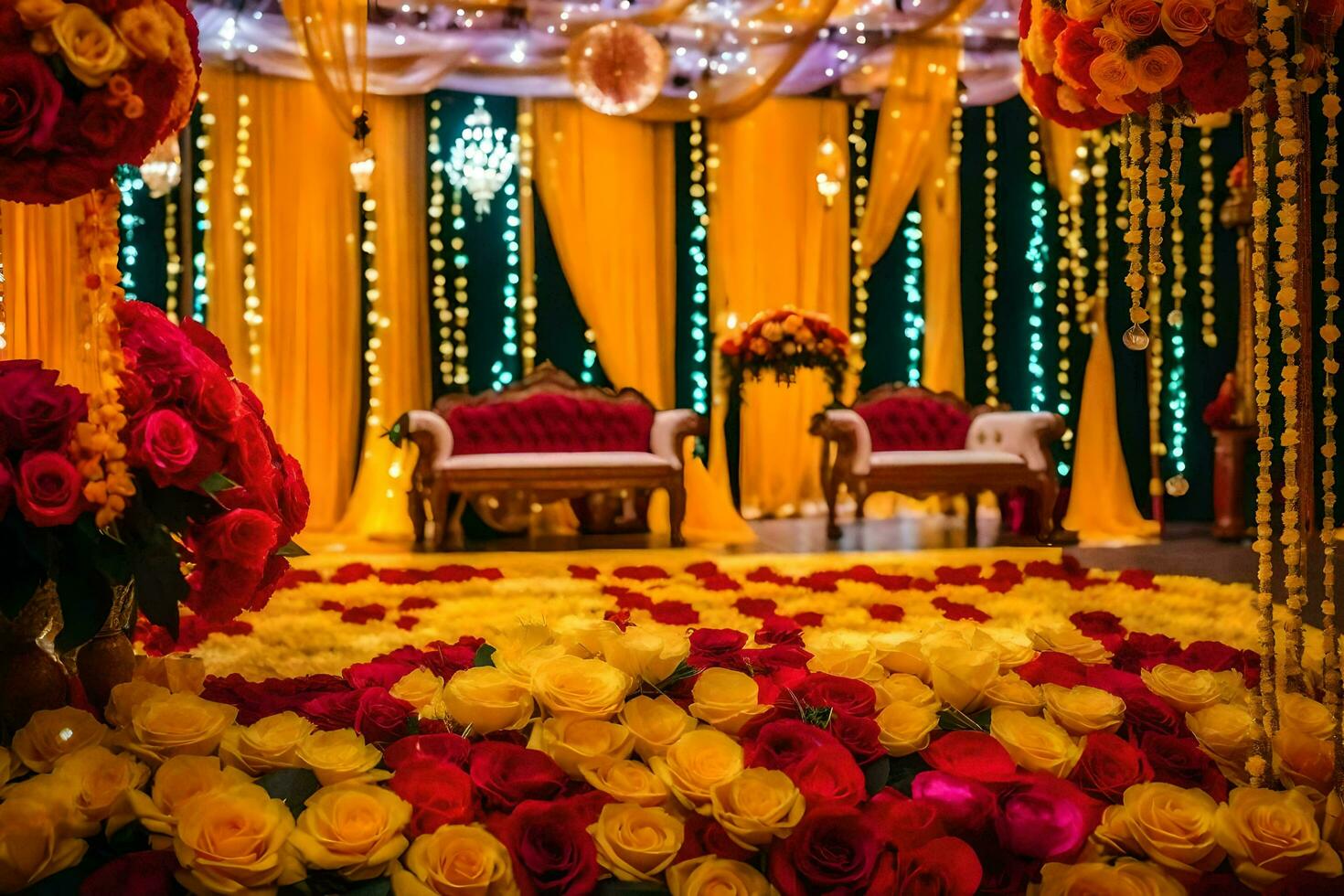 a wedding stage decorated with yellow and red flowers. AI-Generated photo