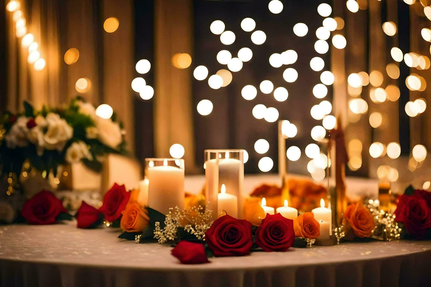 a table with candles and flowers in front of a backdrop of lights. AI-Generated photo