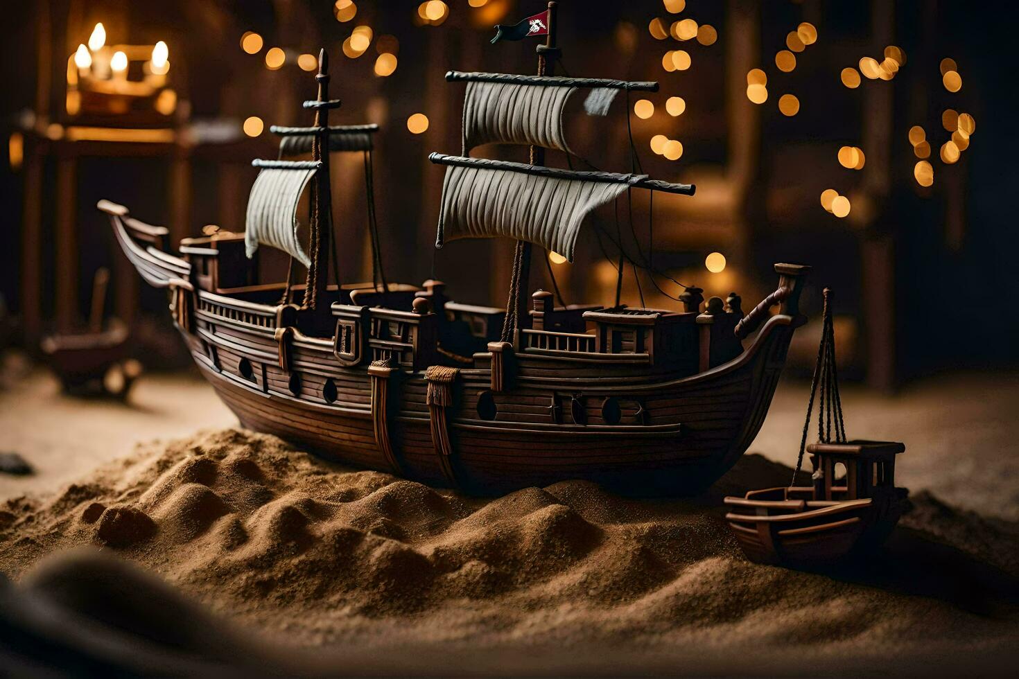 a model of a ship in the sand. AI-Generated photo