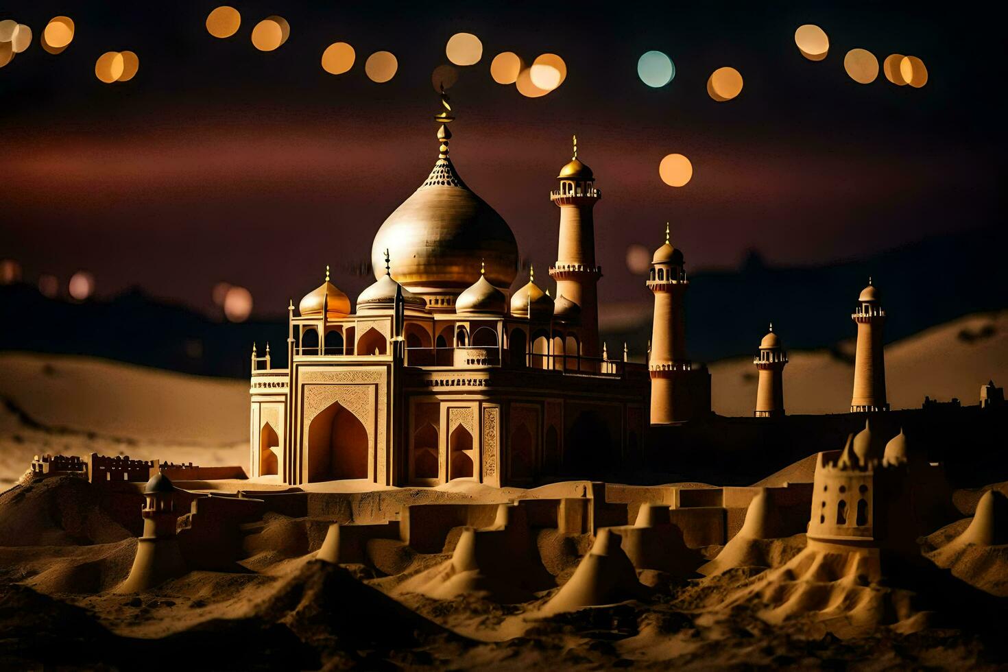 a sand castle in the desert with lights. AI-Generated photo