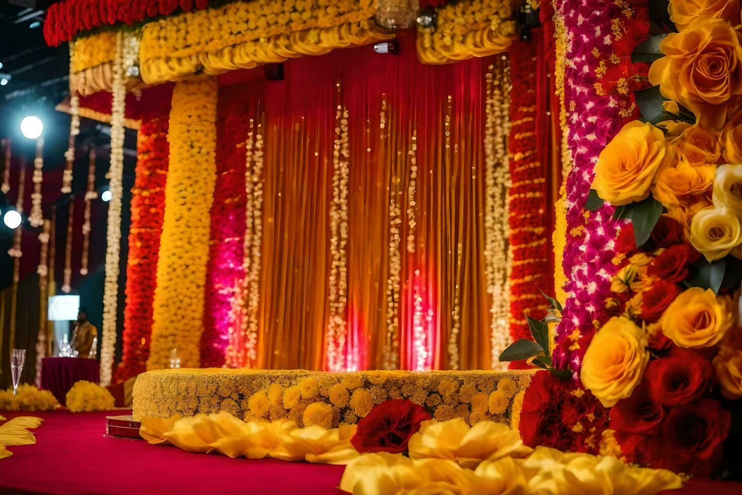 a stage decorated with flowers and red carpet. AI-Generated photo