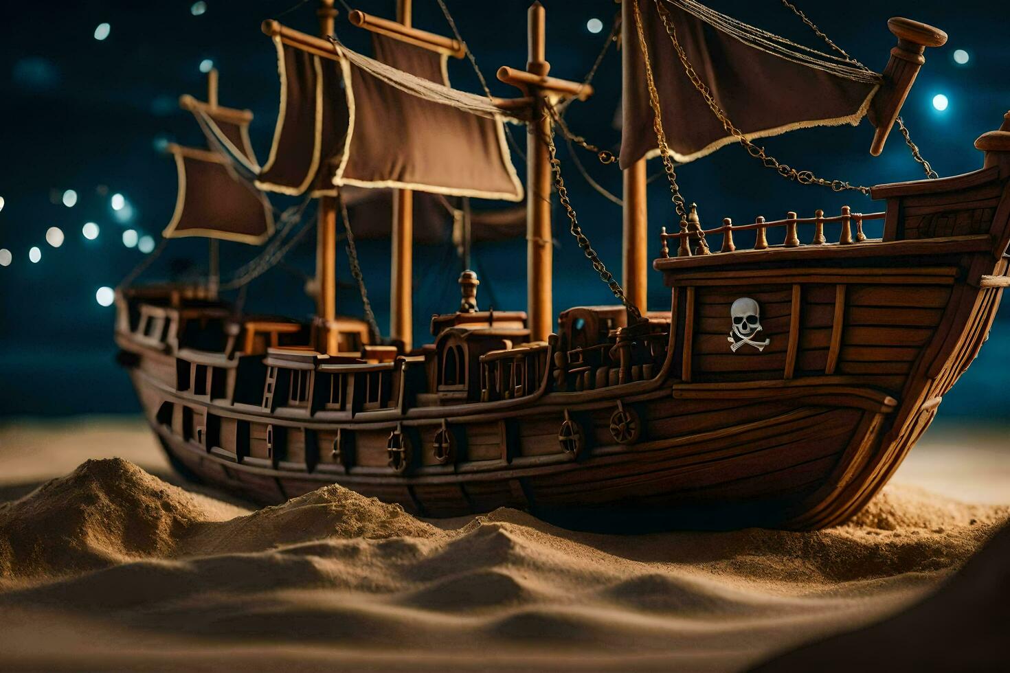 a model of a pirate ship in the sand. AI-Generated photo