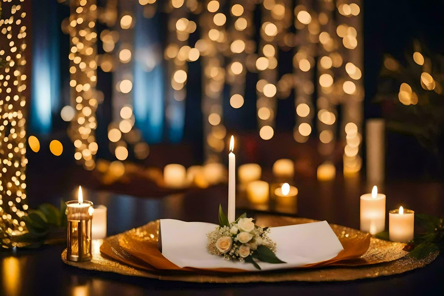 candles and a table setting with a white napkin and flowers. AI-Generated photo