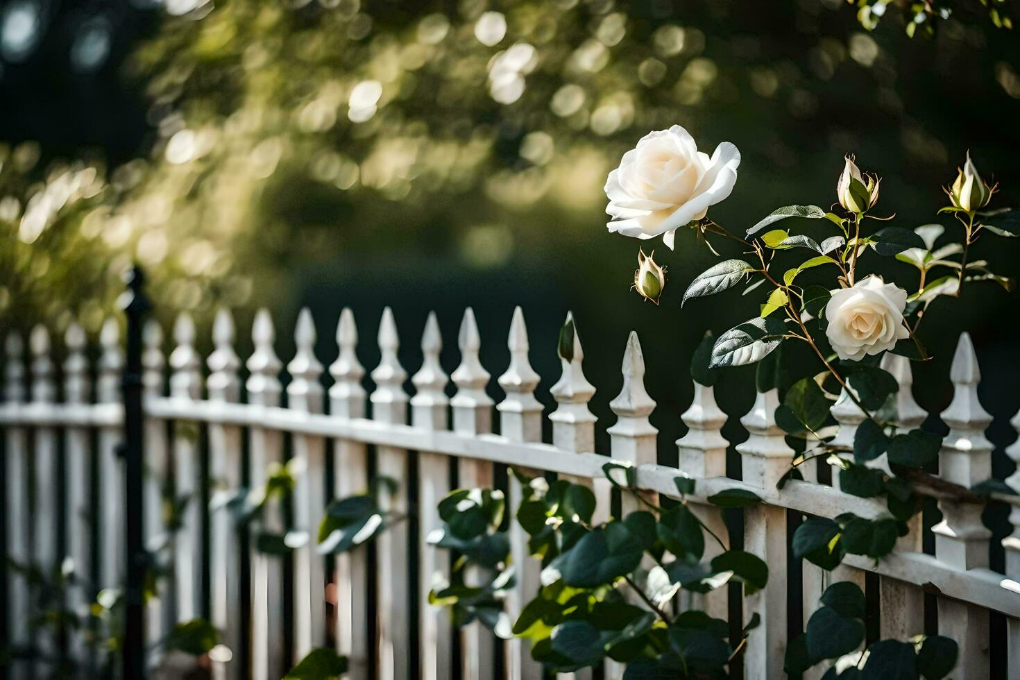 white rose on a fence. AI-Generated photo