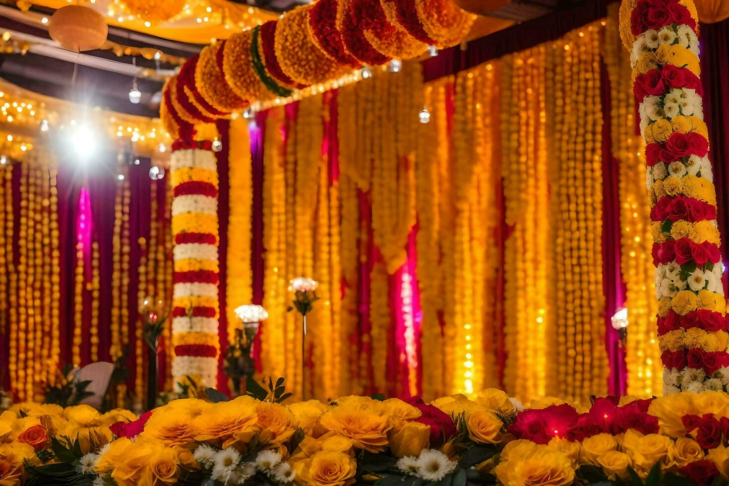 a wedding ceremony with yellow and orange flowers. AI-Generated photo